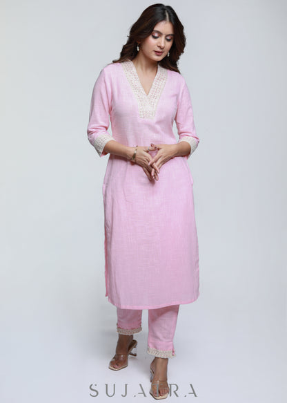 Pink Cotton High Neck Kurta with delicate laces-Pant Optional