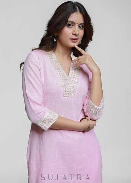 Pink Cotton High Neck Kurta with delicate laces-Pant Optional