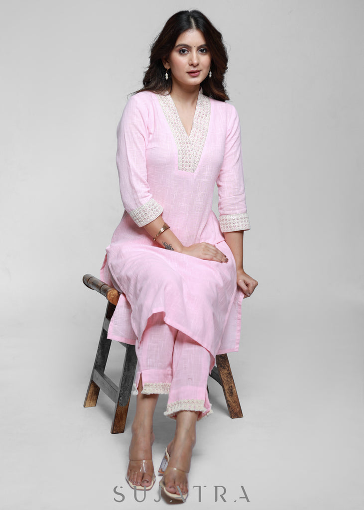Pink Cotton High Neck Kurta with delicate laces-Pant Optional
