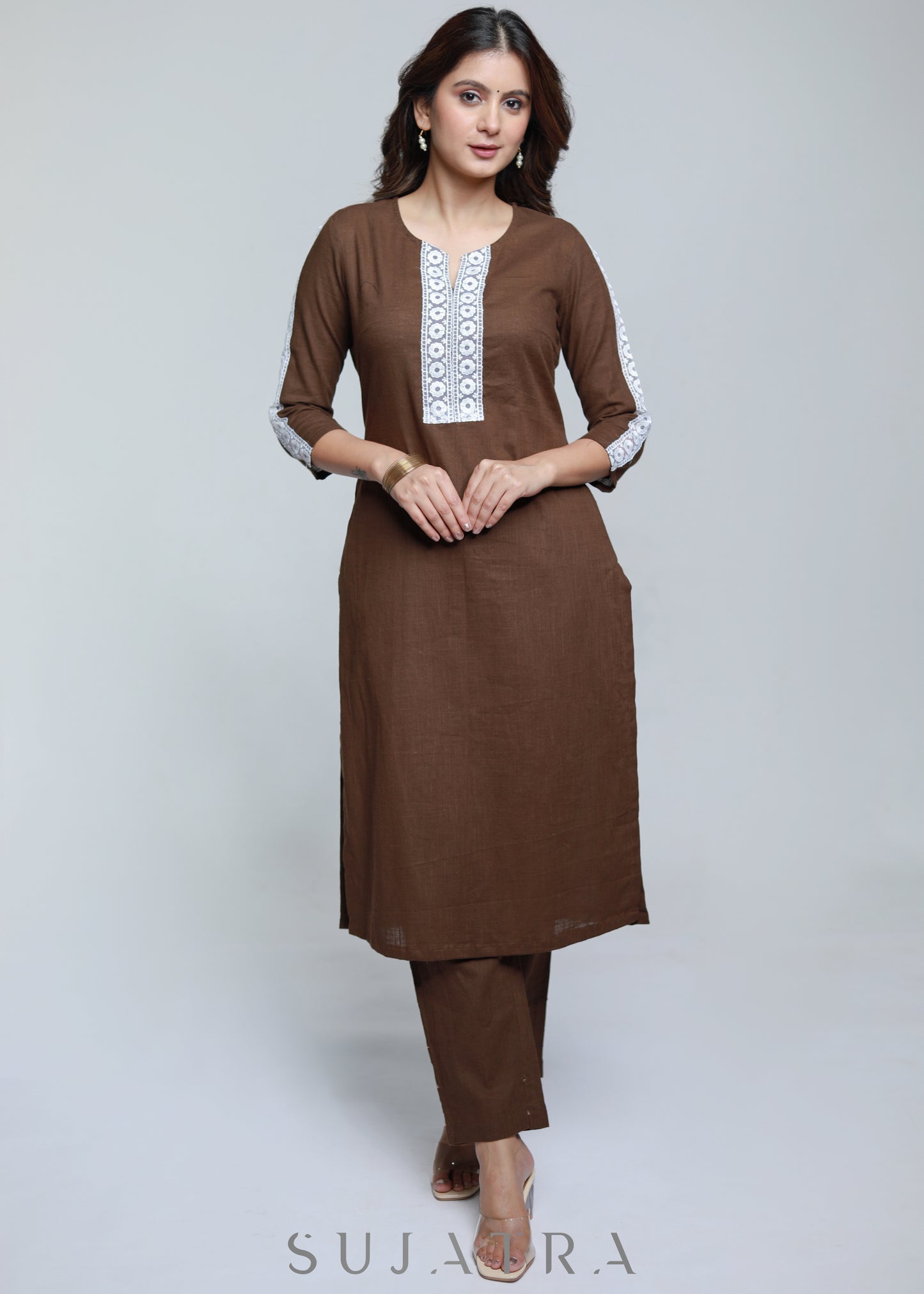 Coffee Brown Cotton Kurta with Laces-Pant Optional