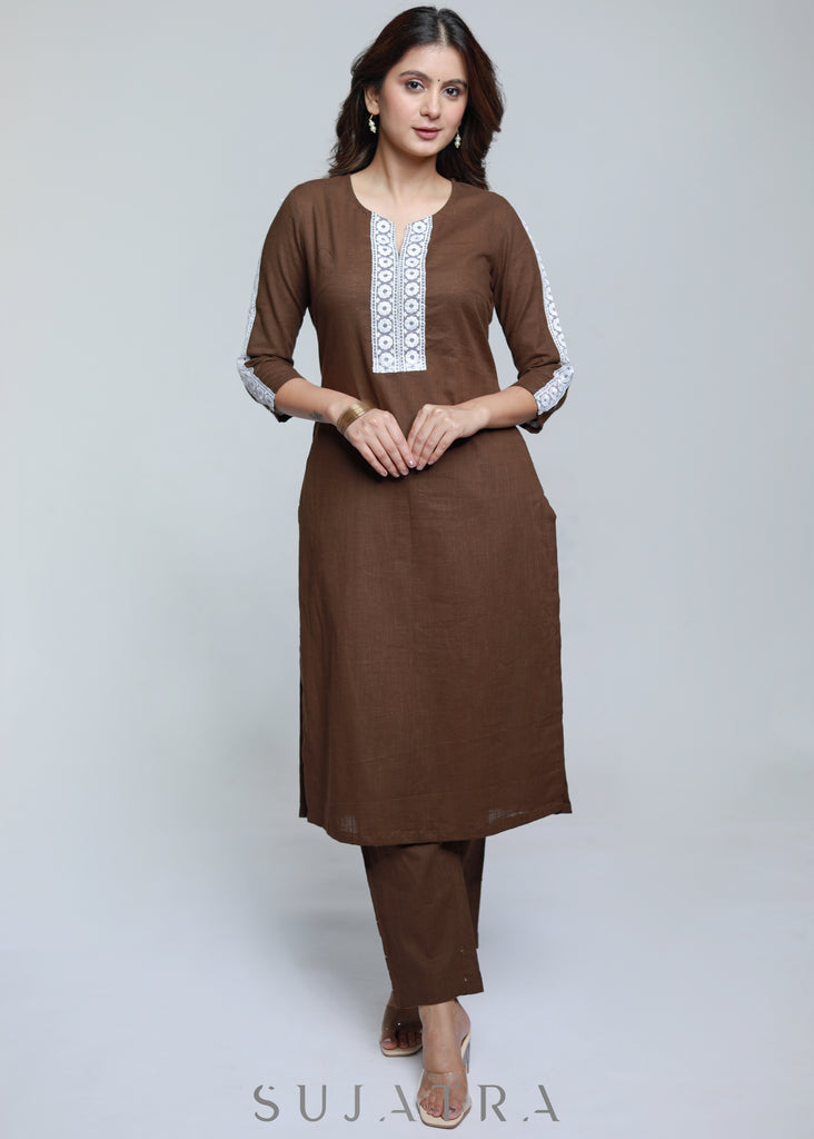 Coffee Brown Cotton Kurta with Laces-Pant Optional