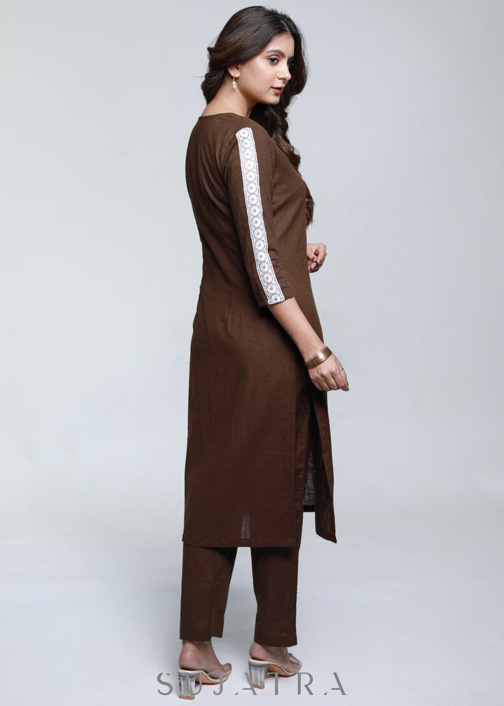 Coffee Brown Cotton Kurta with Laces-Pant Optional