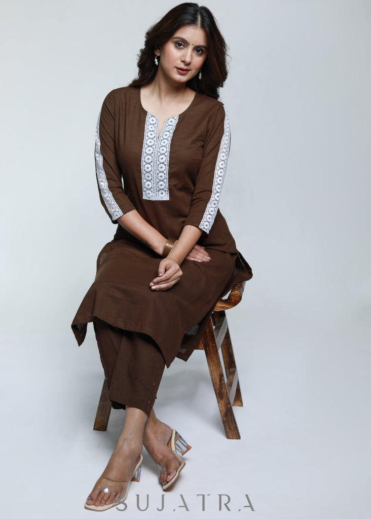 Coffee Brown Cotton Kurta with Laces-Pant Optional