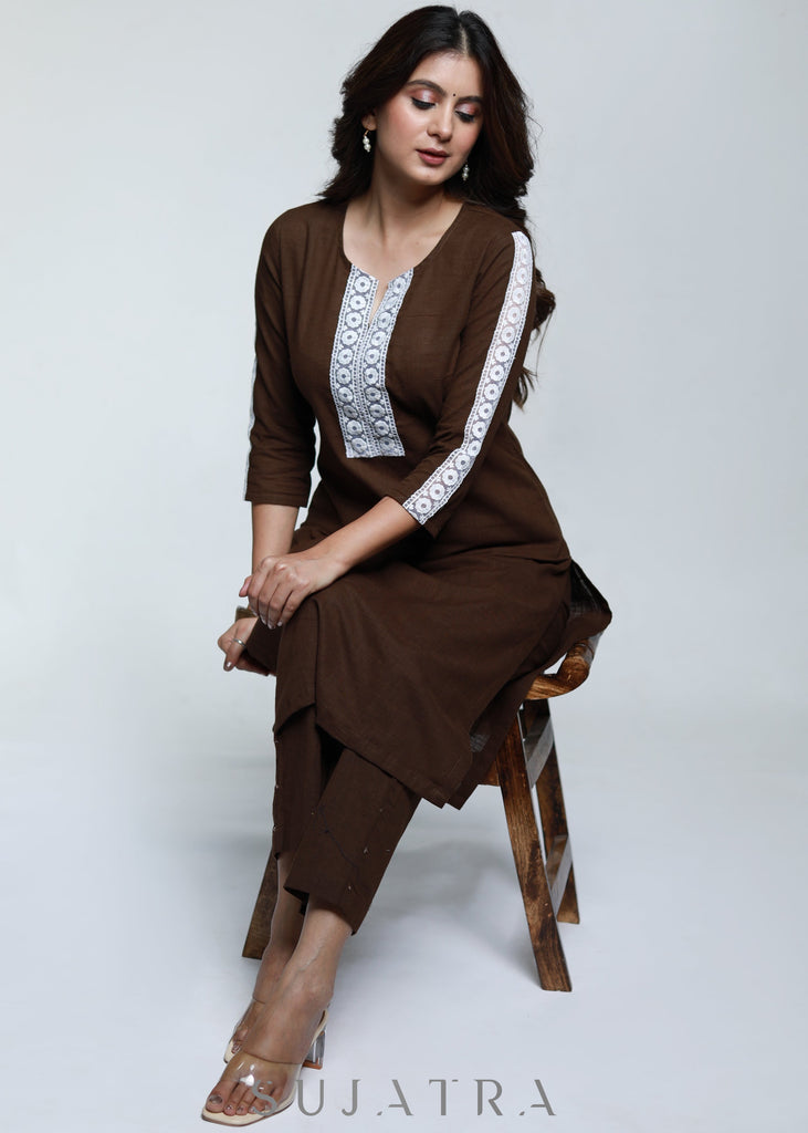 Coffee Brown Cotton Kurta with Laces-Pant Optional