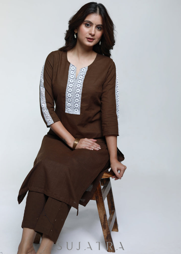 Coffee Brown Cotton Kurta with Laces-Pant Optional