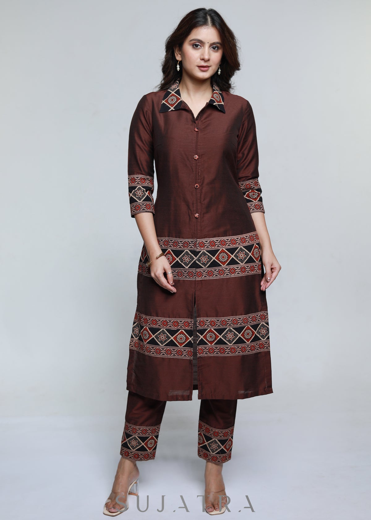 Dussehra Sale — Coffee Brown Ajrakh Combination Cotton Silk Kurta-Pant Optional