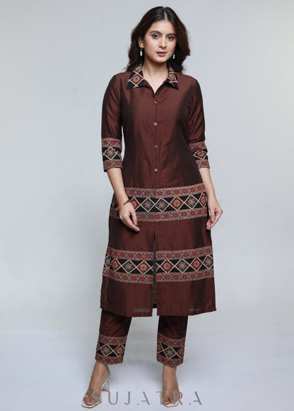 Coffee Brown Ajrakh Combination Cotton Silk Kurta-Pant Optional