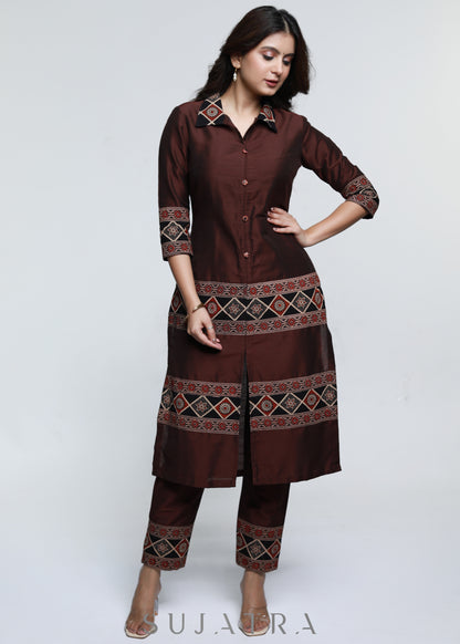 Coffee Brown Ajrakh Combination Cotton Silk Kurta-Pant Optional