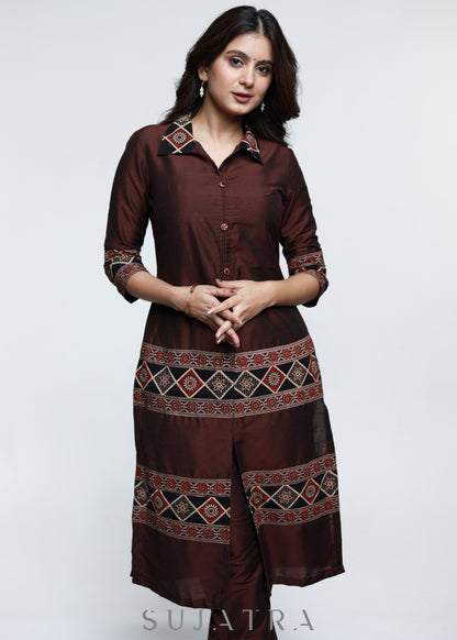 Coffee Brown Ajrakh Combination Cotton Silk Kurta-Pant Optional