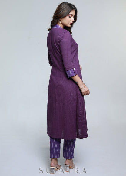 Dussehra Sale — Purple Cotton Ikat Combination Kurta-Pant Optional