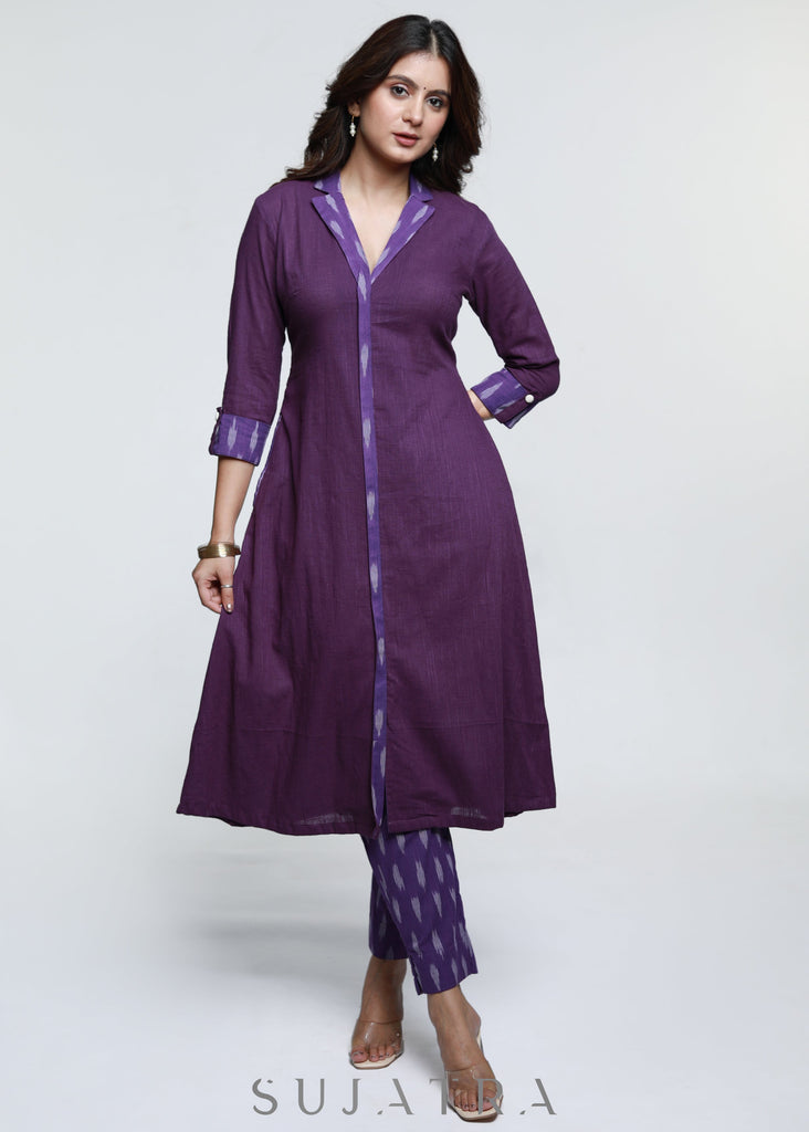 Purple Cotton Ikat Combination Kurta-Pant Optional