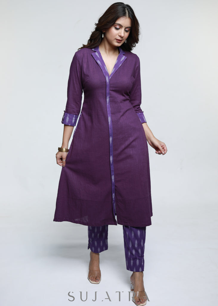 Purple Cotton Ikat Combination Kurta-Pant Optional