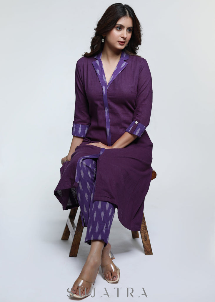 Purple Cotton Ikat Combination Kurta-Pant Optional