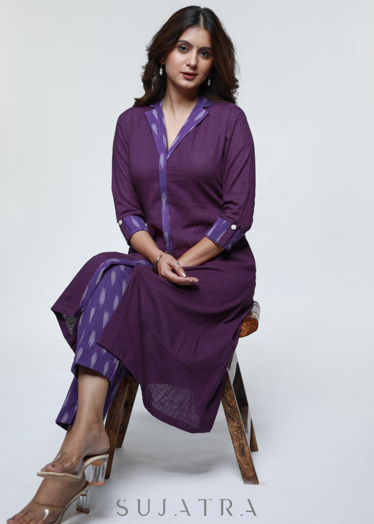Purple Cotton Ikat Combination Kurta-Pant Optional