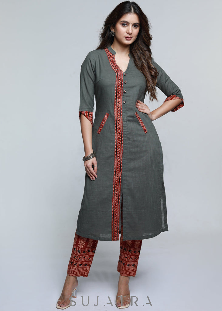 Grey Cotton Ajrakh Kurta-Pant Optional