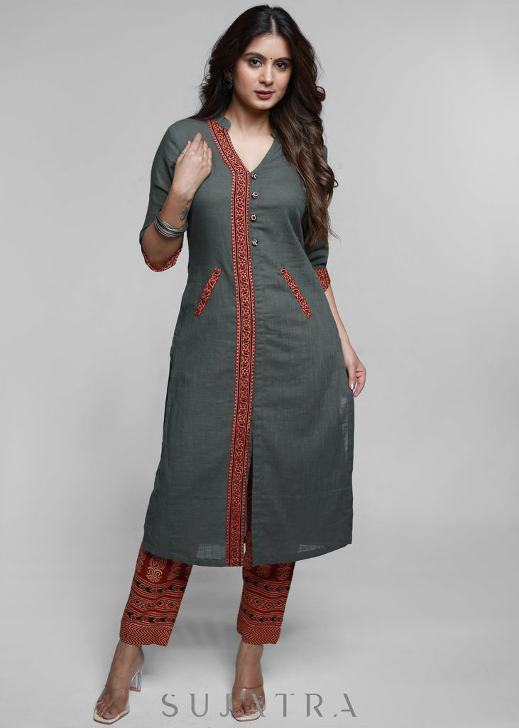 Grey Cotton Ajrakh Kurta-Pant Optional