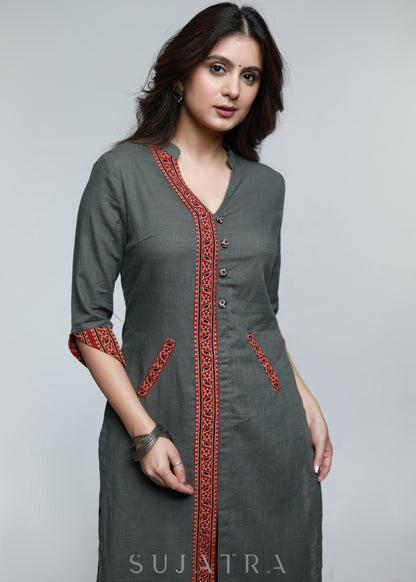Grey Cotton Ajrakh Kurta-Pant Optional