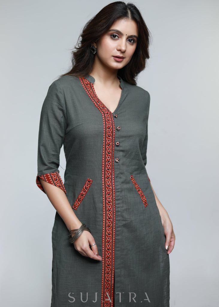 Grey Cotton Ajrakh Kurta-Pant Optional