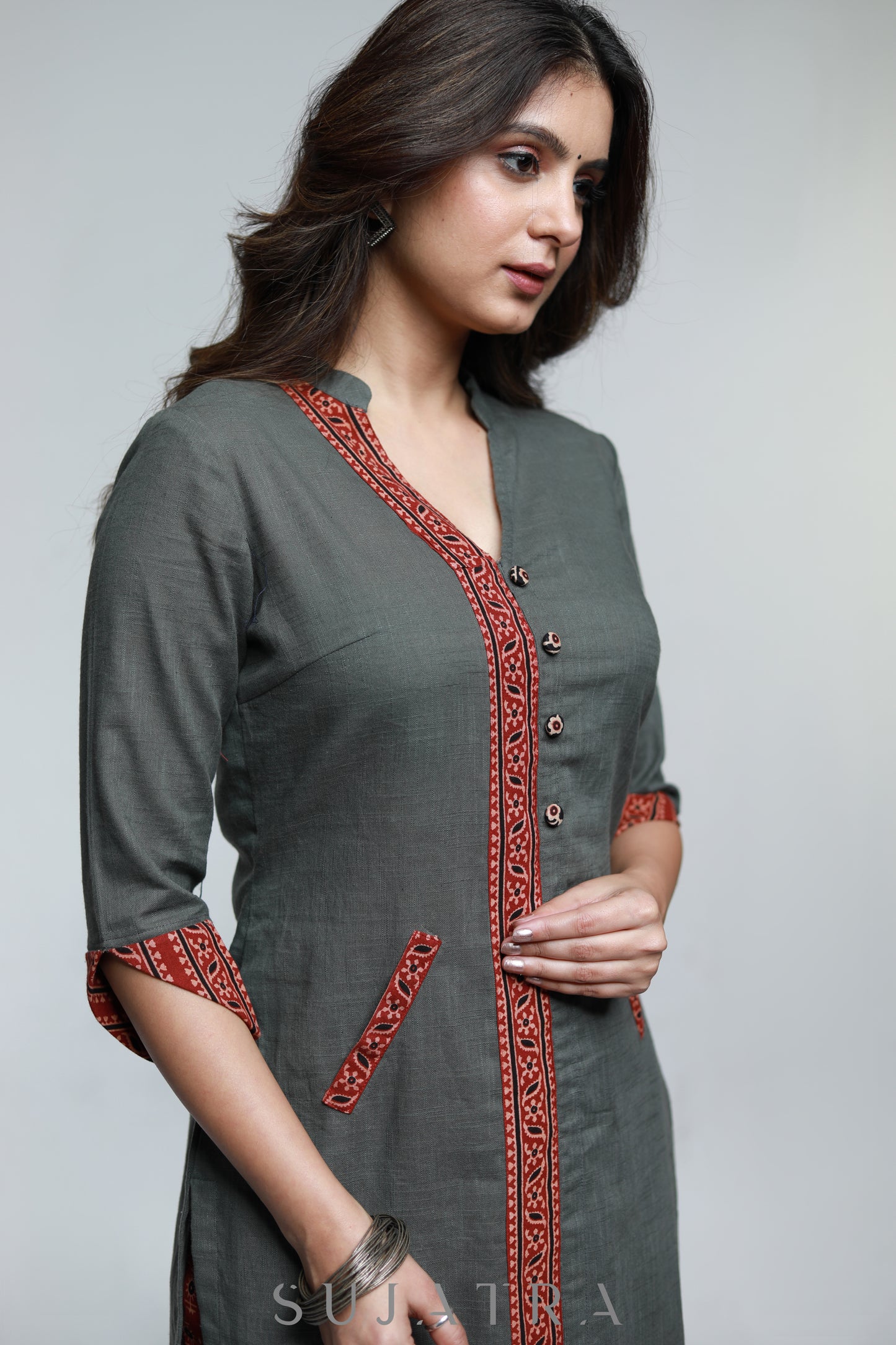 Grey Cotton Ajrakh Kurta-Pant Optional