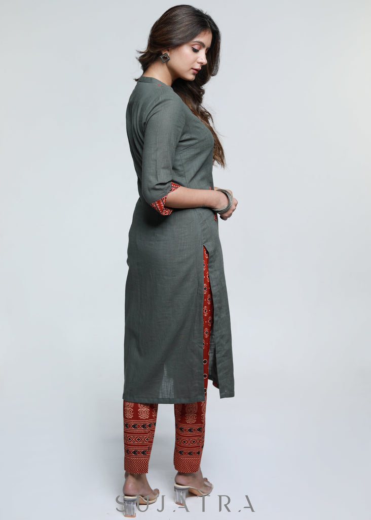 Grey Cotton Ajrakh Kurta-Pant Optional