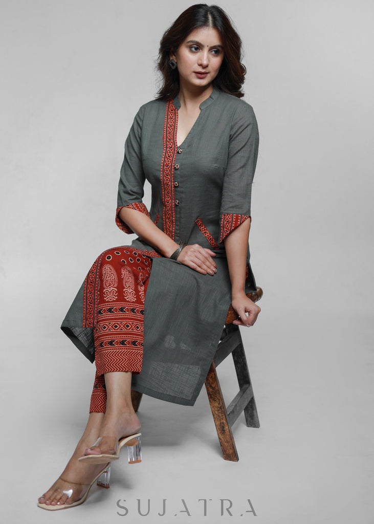 Grey Cotton Ajrakh Kurta-Pant Optional