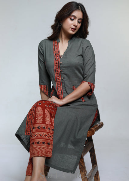 Grey Cotton Ajrakh Kurta-Pant Optional