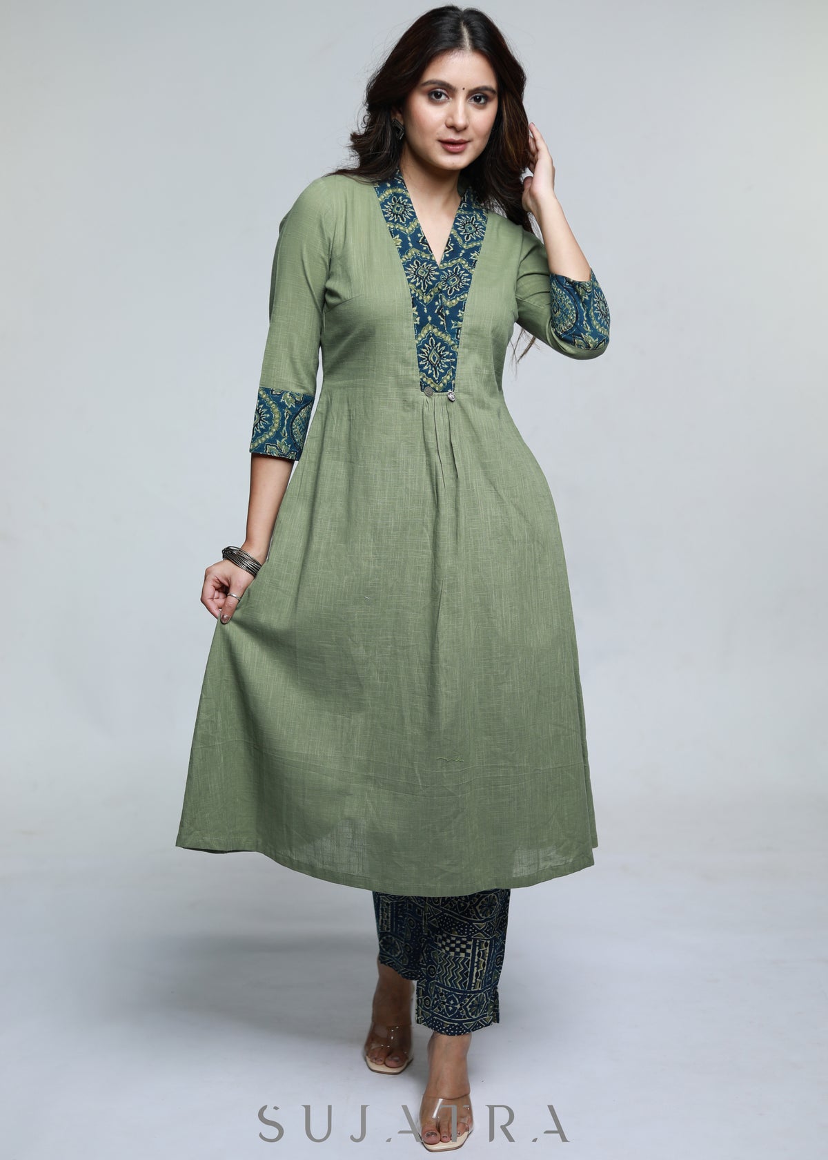 Dussehra Sale — Pista Colour Cotton A-Line Kurta with Ajrakh Combination-Pant Optional