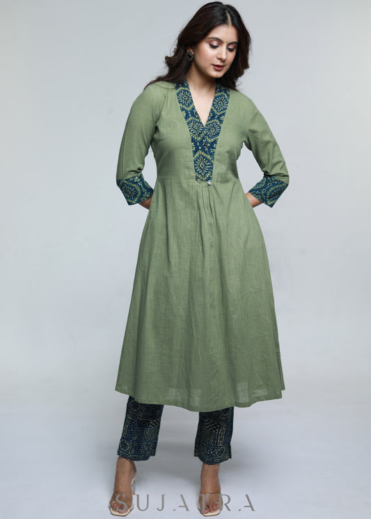 Pista Colour Cotton A-Line Kurta with Ajrakh Combination-Pant Optional
