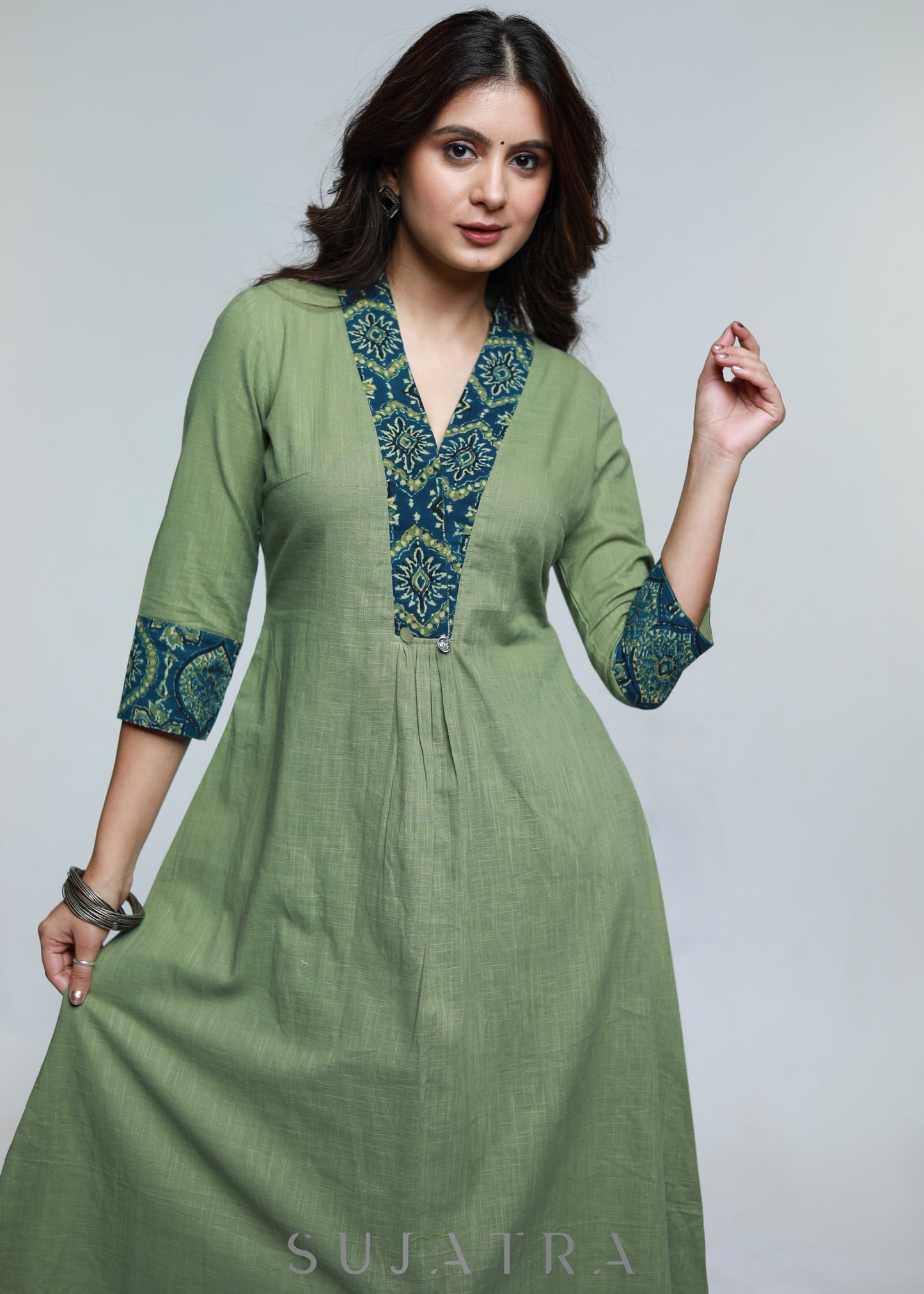 Pista Colour Cotton A-Line Kurta with Ajrakh Combination-Pant Optional