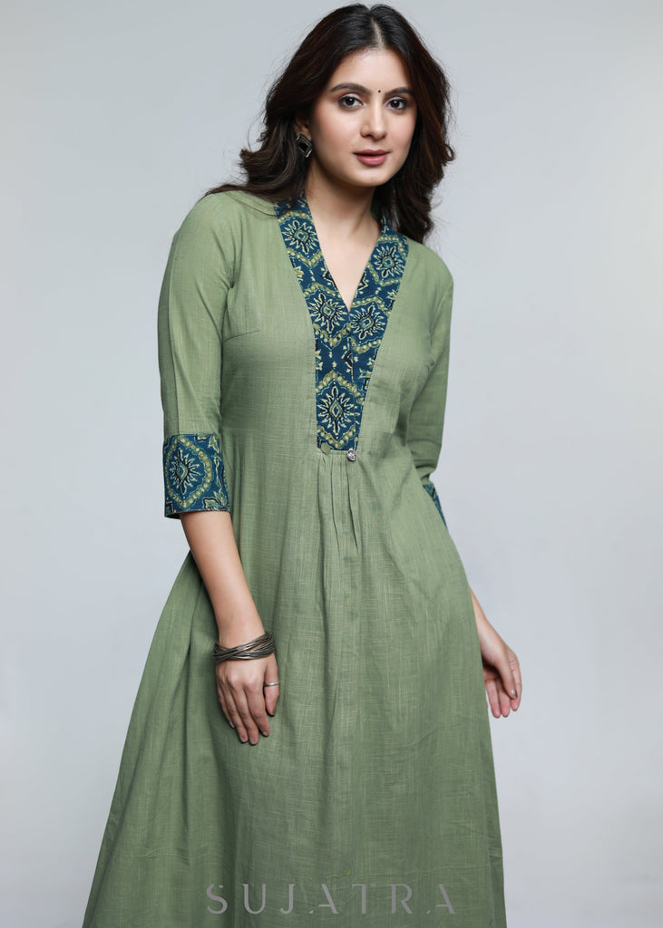Pista Colour Cotton A-Line Kurta with Ajrakh Combination-Pant Optional