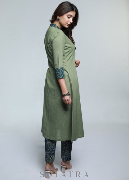 Pista Colour Cotton A-Line Kurta with Ajrakh Combination-Pant Optional