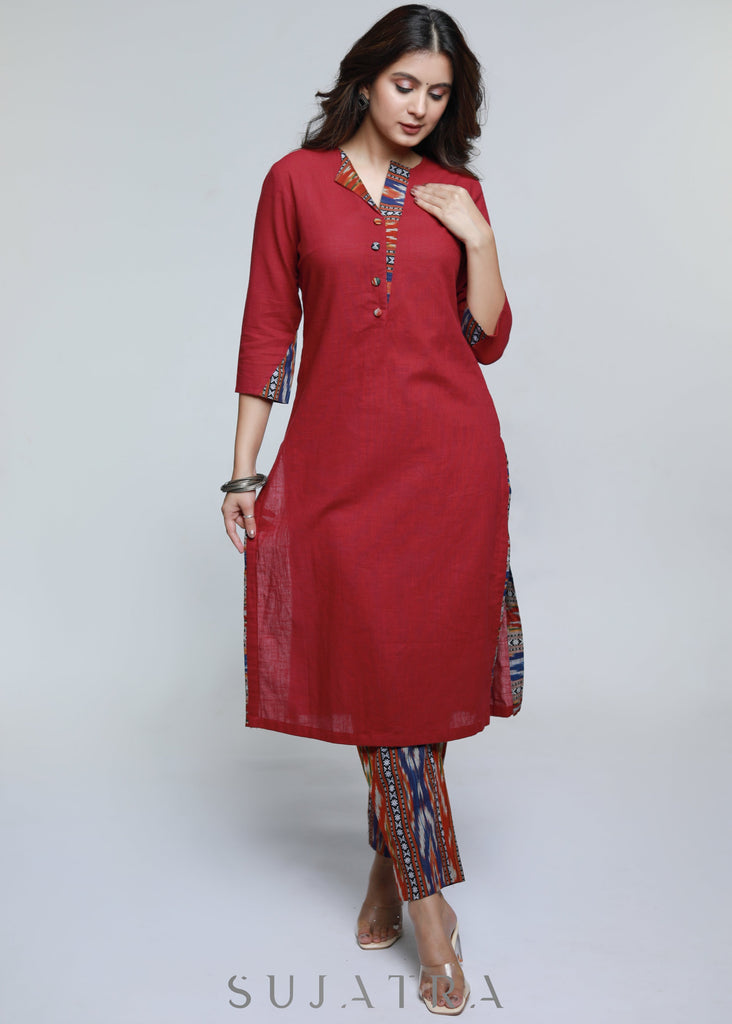 Maroon Cotton Ikat Straight Kurta-Pant Optional