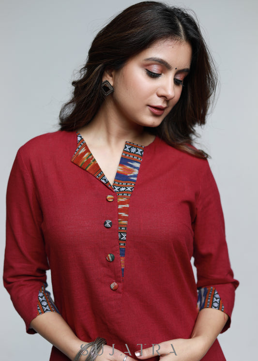 Maroon Cotton Ikat Straight Kurta-Pant Optional