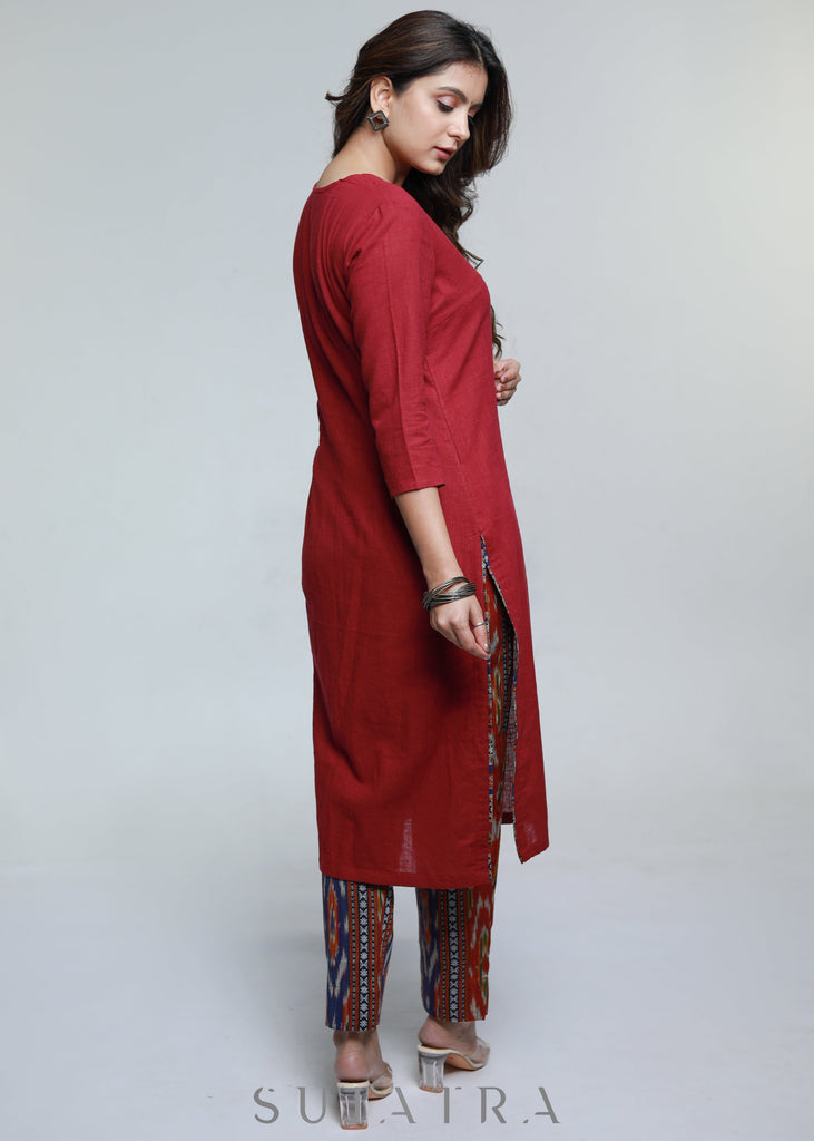 Maroon Cotton Ikat Straight Kurta-Pant Optional