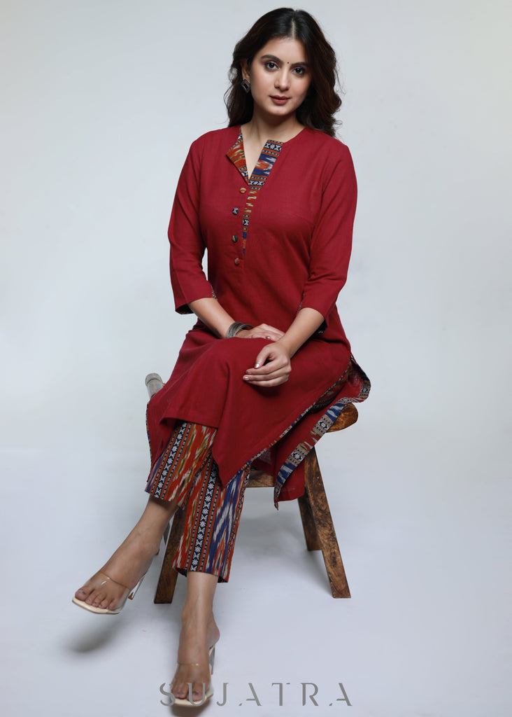 Maroon Cotton Ikat Straight Kurta-Pant Optional