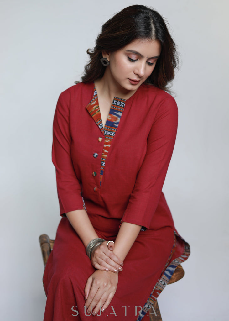 Maroon Cotton Ikat Straight Kurta-Pant Optional