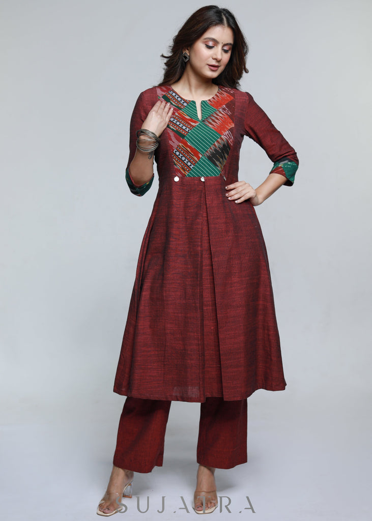 Maroon Pure Handloom Patch Work Kurta-Pant Optional