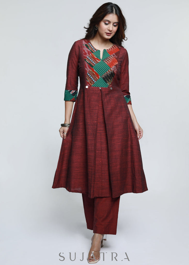 Maroon Pure Handloom Patch Work Kurta-Pant Optional