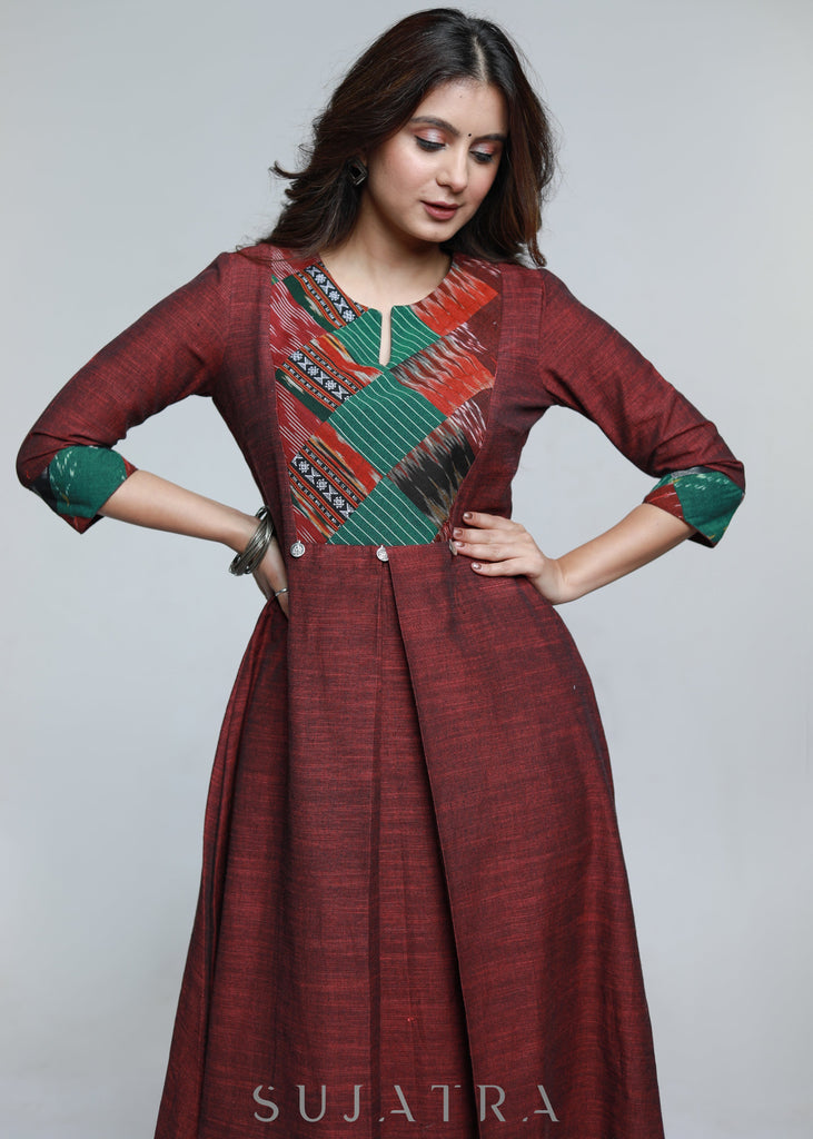 Maroon Pure Handloom Patch Work Kurta-Pant Optional