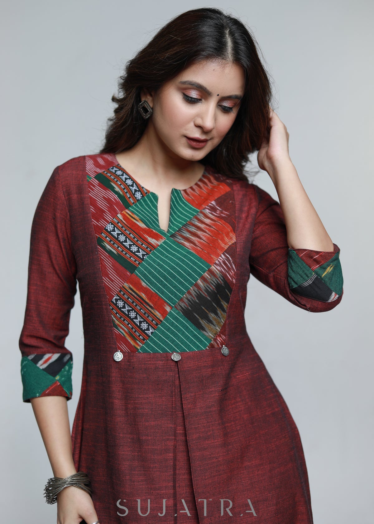 Dussehra Sale — Maroon Pure Handloom Patch Work Kurta-Pant Optional