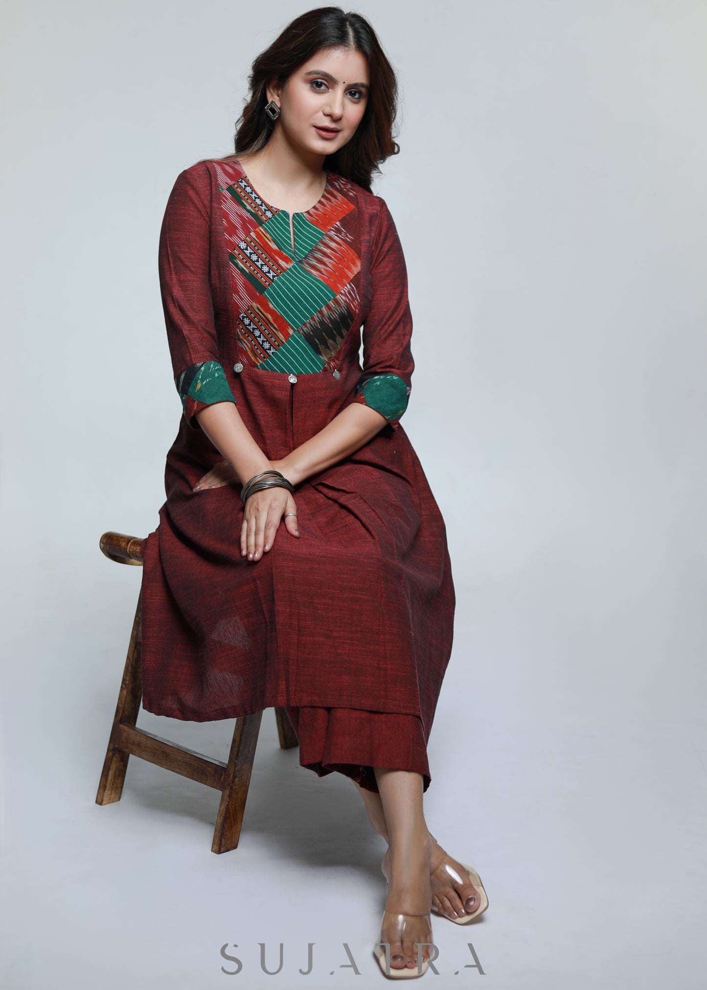 Maroon Pure Handloom Patch Work Kurta-Pant Optional