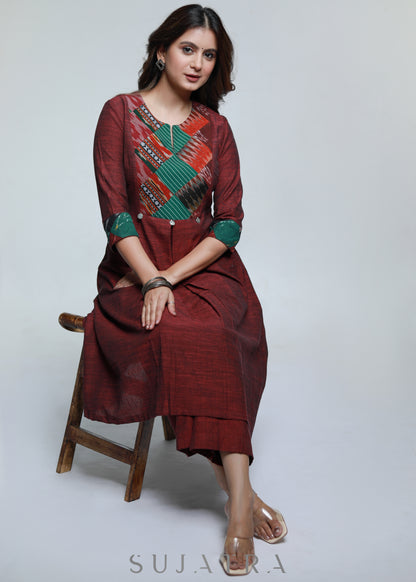Maroon Pure Handloom Patch Work Kurta-Pant Optional