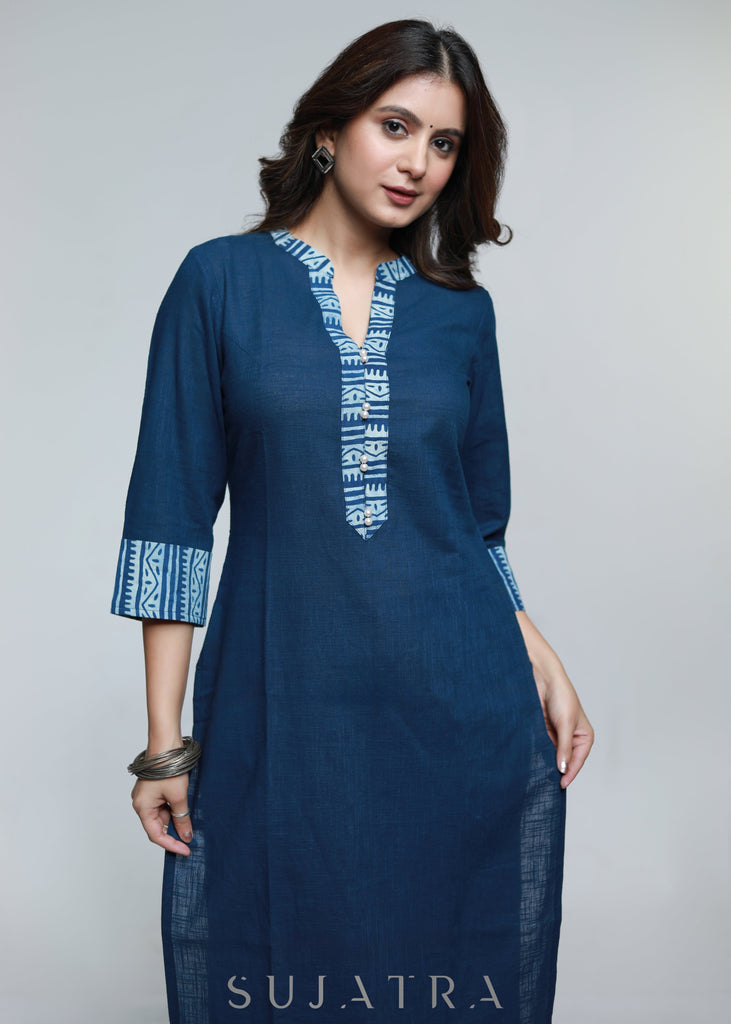 Navy Blue Cotton Indigo Combination Kurta-Pant Optional
