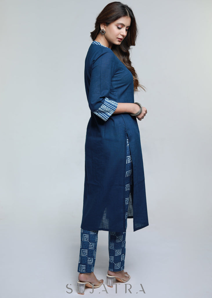 Navy Blue Cotton Indigo Combination Kurta-Pant Optional