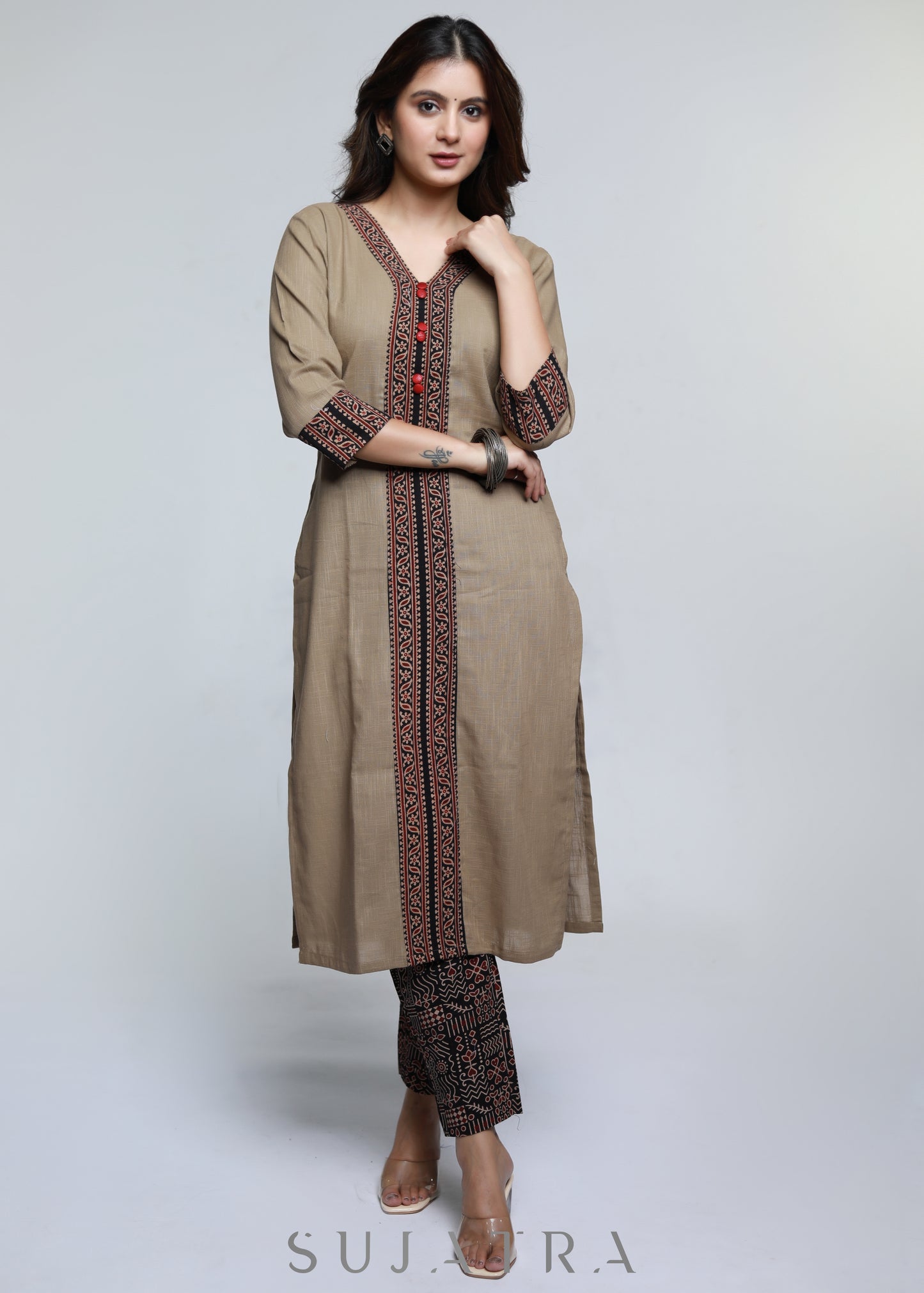 Cement Colour Cotton Ajrakh Combination Kurta-Pant Optional