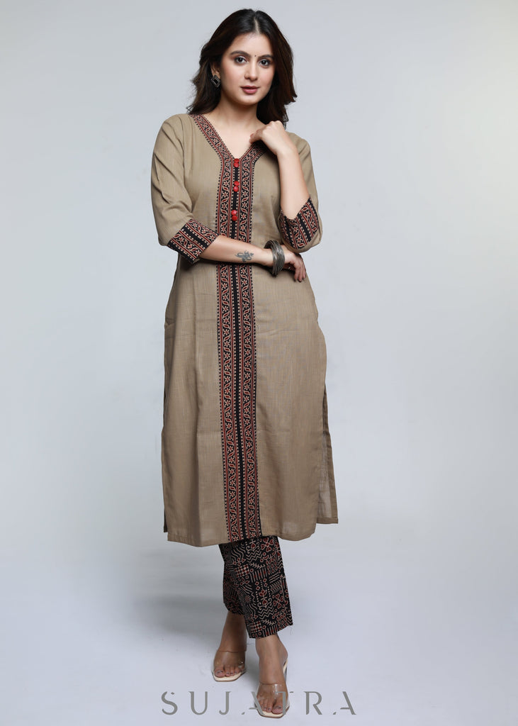 Cement Colour Cotton Ajrakh Combination Kurta-Pant Optional