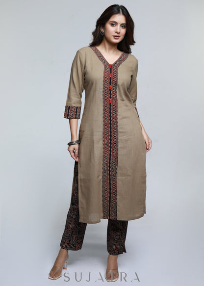 Cement Colour Cotton Ajrakh Combination Kurta-Pant Optional