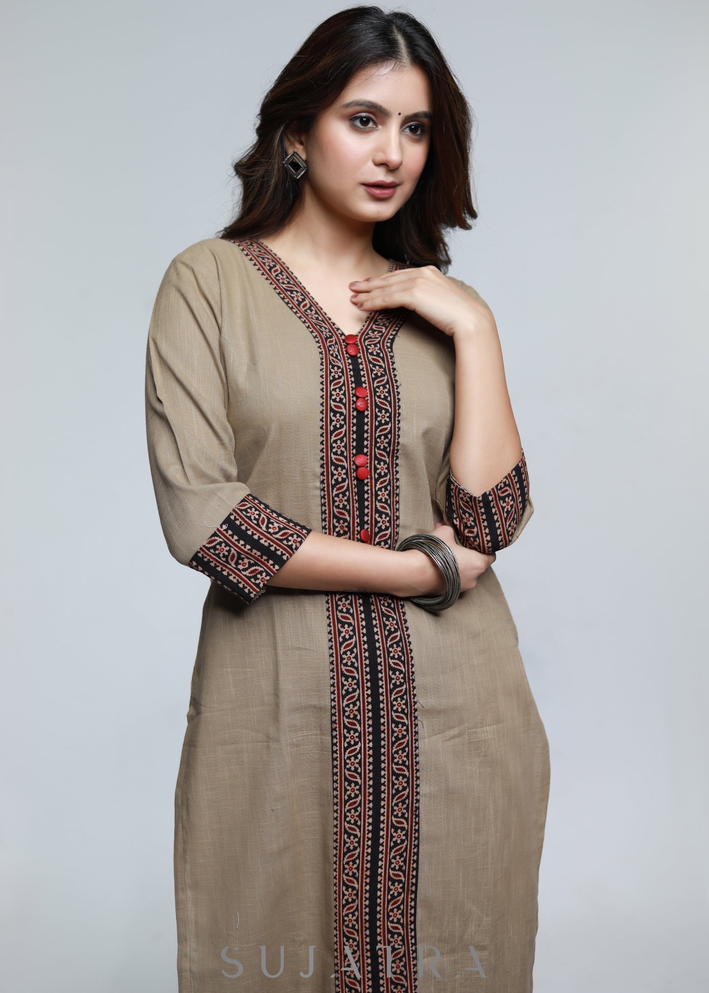 Cement Colour Cotton Ajrakh Combination Kurta-Pant Optional