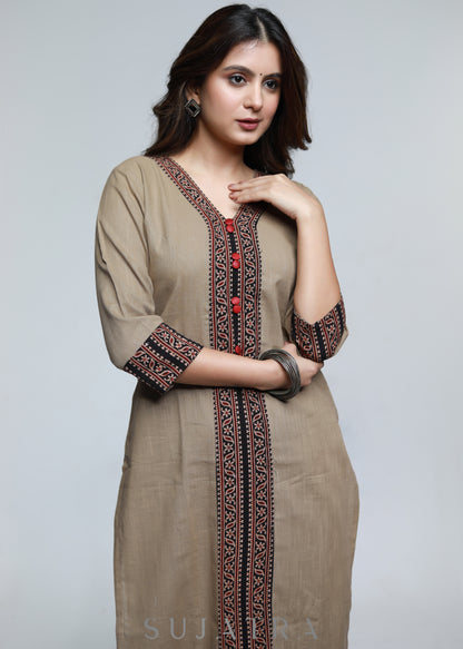 Cement Colour Cotton Ajrakh Combination Kurta-Pant Optional