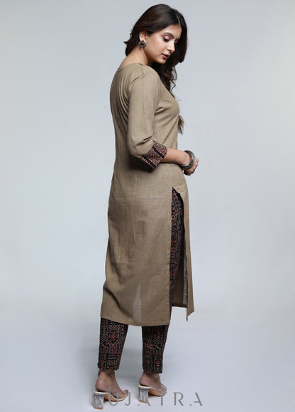 Cement Colour Cotton Ajrakh Combination Kurta-Pant Optional